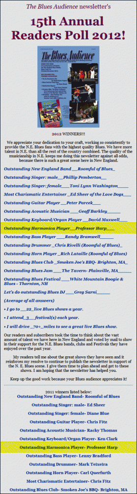 Voted "Outstanding Harmonica Player 2 Years Running " in the 15th Annual Blues Audience Readers Poll 2011!